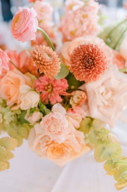 Pembe ve şeftali çiçeklerinin canlı bir karışımı ilkbaharda bir açık hava toplantısı için göz kamaştırıcı bir merkez oluşturur..