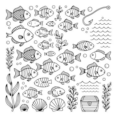 Beyaz arka planda bir takım balık karalaması. El çizimi soyut karalama beyaz arkaplanda izole.