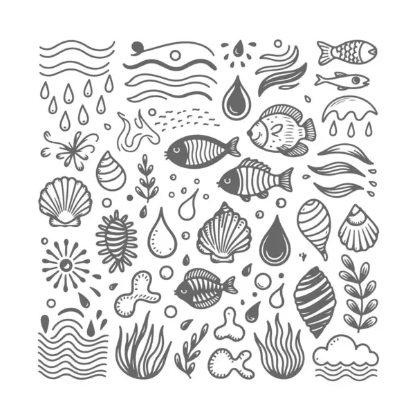 Beyaz arka planda okyanus temalı karalama seti. El çizimi soyut karalama beyaz arkaplanda izole.
