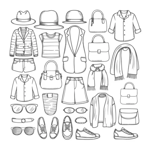 Beyaz arkaplanda giysi temalı karalama seti. El çizimi soyut karalama beyaz arkaplanda izole.