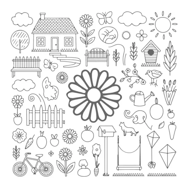 Beyaz arka planda ev ve bahçe karalamaları. El çizimi soyut karalama beyaz arkaplanda izole.