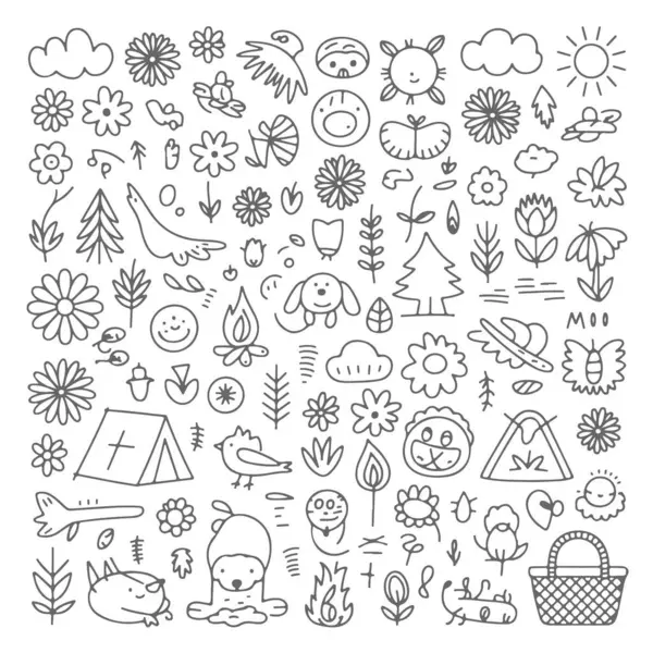 Beyaz arka planda açık hava temalı karalama seti. El çizimi soyut karalama beyaz arkaplanda izole.