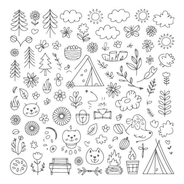 Beyaz arka planda açık hava temalı karalama seti. El çizimi soyut karalama beyaz arkaplanda izole.