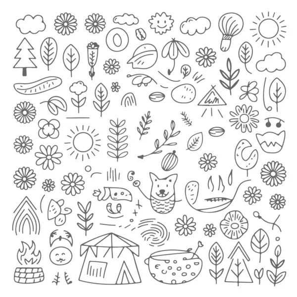 Beyaz arka planda açık hava temalı karalama seti. El çizimi soyut karalama beyaz arkaplanda izole.