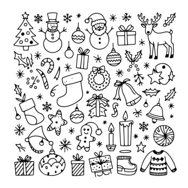 Beyaz arka planda bir dizi noel karalaması. El çizimi soyut karalama beyaz arkaplanda izole.