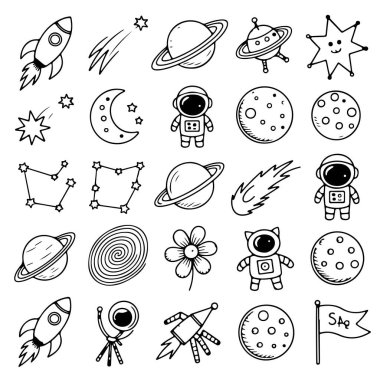 Beyaz arkaplanda uzay temalı karalama seti. El çizimi soyut karalama beyaz arkaplanda izole.