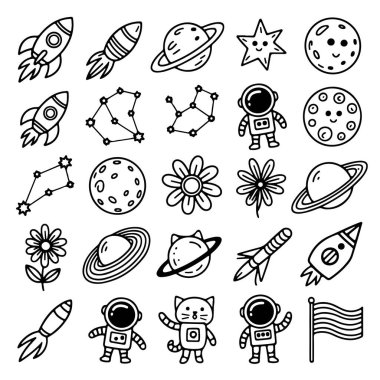 Beyaz arkaplanda uzay temalı karalama seti. El çizimi soyut karalama beyaz arkaplanda izole.