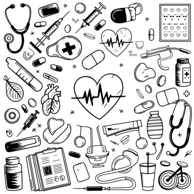 Beyaz arka planda tıbbi temalı karalama seti. El çizimi soyut karalama beyaz arkaplanda izole.