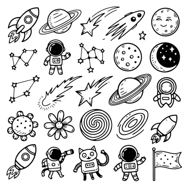Beyaz arkaplanda uzay temalı karalama seti. El çizimi soyut karalama beyaz arkaplanda izole.