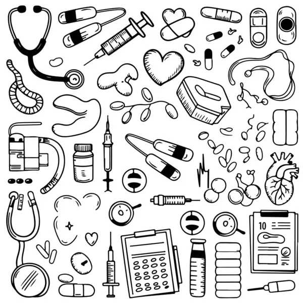 Beyaz arka planda tıbbi temalı karalama seti. El çizimi soyut karalama beyaz arkaplanda izole.