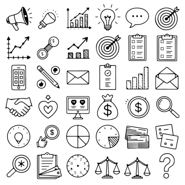 Beyaz arka planda pazarlama temalı karalama seti. El çizimi soyut karalama beyaz arkaplanda izole.