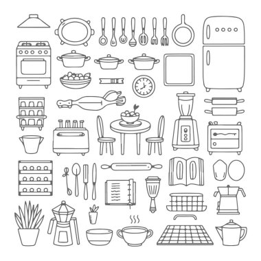 Beyaz arka planda mutfak temalı karalama seti. El çizimi soyut karalama beyaz arkaplanda izole.
