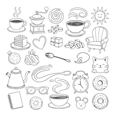 Beyaz arka planda kahve temalı karalama seti. El çizimi soyut karalama beyaz arkaplanda izole.