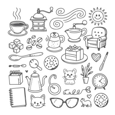 Beyaz arka planda kahve temalı karalama seti. El çizimi soyut karalama beyaz arkaplanda izole.