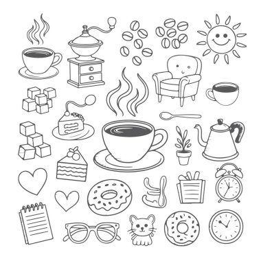 Beyaz arka planda kahve temalı karalama seti. El çizimi soyut karalama beyaz arkaplanda izole.