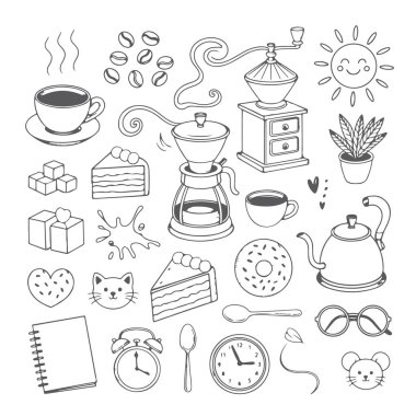 Beyaz arka planda kahve temalı karalama seti. El çizimi soyut karalama beyaz arkaplanda izole.