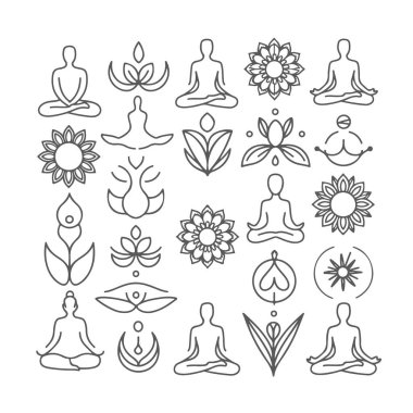 Beyaz arka planda yoga temalı karalama seti. El çizimi soyut karalama beyaz arkaplanda izole.