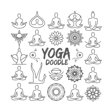 Beyaz arka planda yoga temalı karalama seti. El çizimi soyut karalama beyaz arkaplanda izole.
