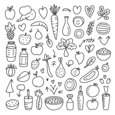 Beyaz arka planda diyet temalı karalama seti. El çizimi soyut karalama beyaz arkaplanda izole.