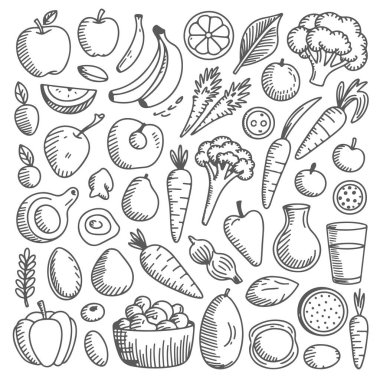 Beyaz arka planda bir dizi beslenme karalaması. El çizimi soyut karalama beyaz arkaplanda izole.