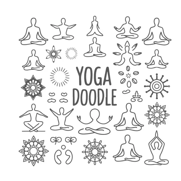 Beyaz arka planda yoga temalı karalama seti. El çizimi soyut karalama beyaz arkaplanda izole.