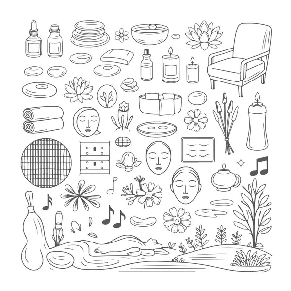 Beyaz arka planda karalama temalı masaj seti. El çizimi soyut karalama beyaz arkaplanda izole.