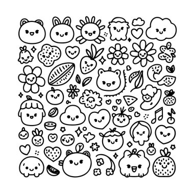 Beyaz arka planda bir kawai karalama seti. El çizimi soyut karalama beyaz arkaplanda izole.