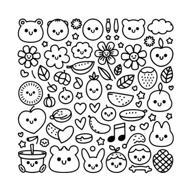 Beyaz arka planda bir kawai karalama seti. El çizimi soyut karalama beyaz arkaplanda izole.