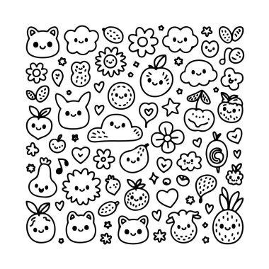 Beyaz arka planda bir kawai karalama seti. El çizimi soyut karalama beyaz arkaplanda izole.