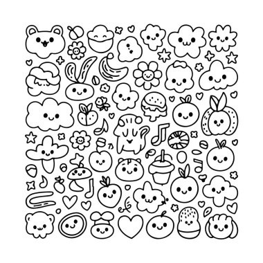 Beyaz arka planda bir kawai karalama seti. El çizimi soyut karalama beyaz arkaplanda izole.