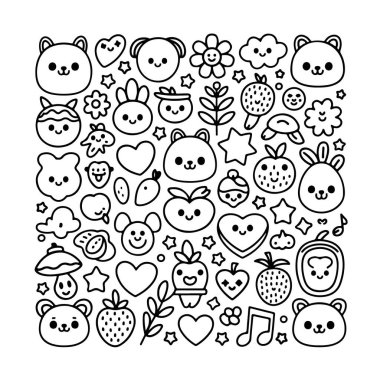 Beyaz arka planda bir kawai karalama seti. El çizimi soyut karalama beyaz arkaplanda izole.