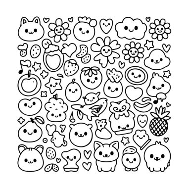 Beyaz arka planda bir kawai karalama seti. El çizimi soyut karalama beyaz arkaplanda izole.