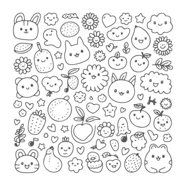 Beyaz arka planda bir kawai karalama seti. El çizimi soyut karalama beyaz arkaplanda izole.