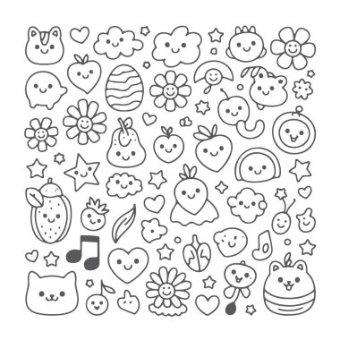 Beyaz arka planda bir kawai karalama seti. El çizimi soyut karalama beyaz arkaplanda izole.