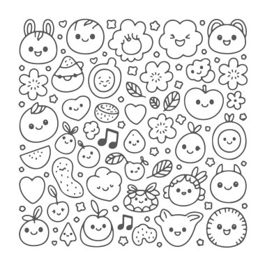 Beyaz arka planda bir kawai karalama seti. El çizimi soyut karalama beyaz arkaplanda izole.