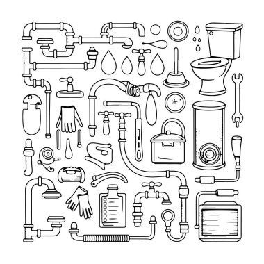 Beyaz arka planda bir set su tesisatı karalaması. El çizimi soyut karalama beyaz arkaplanda izole.