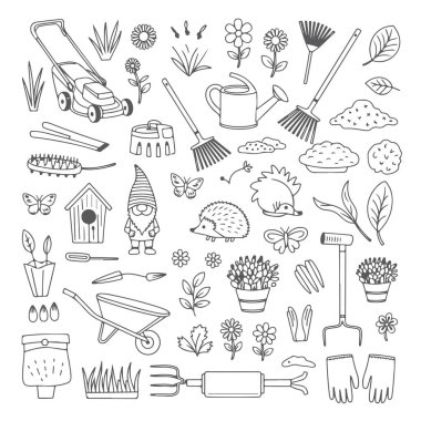 Beyaz arka planda çim bakımı karalama seti. El çizimi soyut karalama beyaz arkaplanda izole.