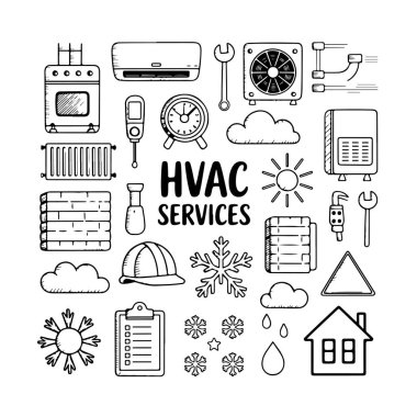Beyaz arka planda HVAC karalama seti. El çizimi soyut karalama beyaz arkaplanda izole.