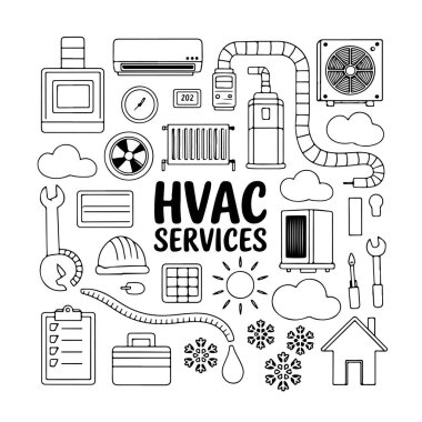 Beyaz arka planda HVAC karalama seti. El çizimi soyut karalama beyaz arkaplanda izole.
