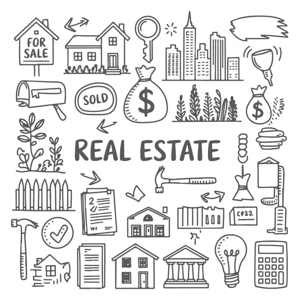 Beyaz arka planda bir dizi emlak karalaması. El çizimi soyut karalama beyaz arkaplanda izole.