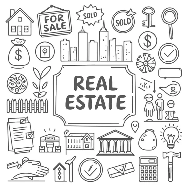 Beyaz arka planda bir dizi emlak karalaması. El çizimi soyut karalama beyaz arkaplanda izole.