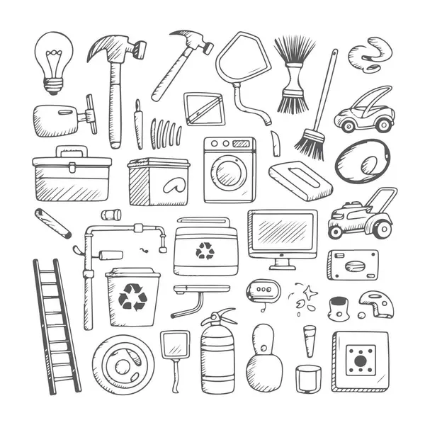 Beyaz arka plana bir dizi ev servisi karalaması. El çizimi soyut karalama beyaz arkaplanda izole.