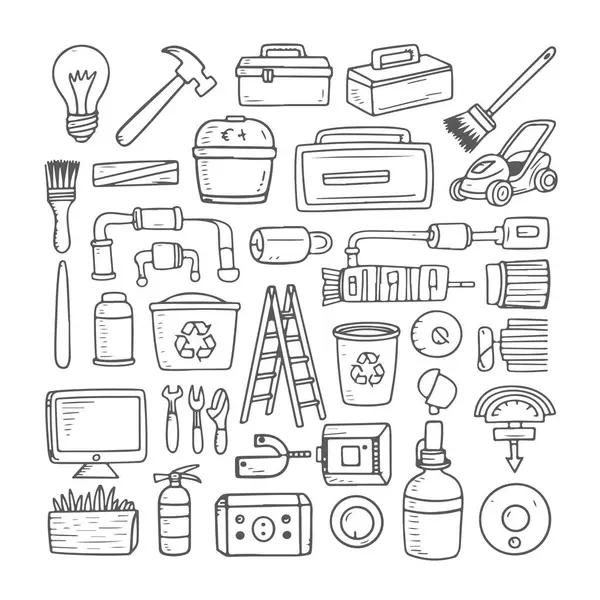 Beyaz arka plana bir dizi ev servisi karalaması. El çizimi soyut karalama beyaz arkaplanda izole.