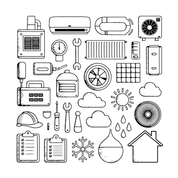 Beyaz arka planda HVAC karalama seti. El çizimi soyut karalama beyaz arkaplanda izole.