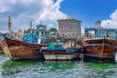 traditional cargo ship in Dubai Creek, Dubai, United Arab clipart