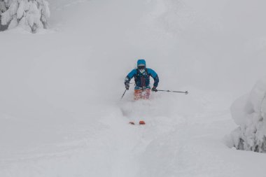 Kayakçı, kayak merkezinin dik yamacında, ormanda kar tozu içinde hareket ediyor. Serbest, kış sporları açık havada