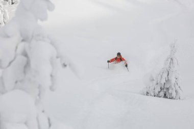 Aktif bir kayakçı eğildi ve frenler serbest yamaçta derin kar püskürtüyor. Serbest, kış sporları açık havada