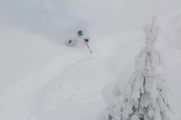 Esquiador Activo Curvado Frenos Rociando Nieve Profunda Suelta Pendiente Freeride —  Fotos de Stock