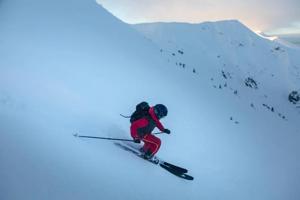 Esquiador Curvado Encosta Freeride Nas Grandes Montanhas Inverno Conceito Livre — Fotografia de Stock