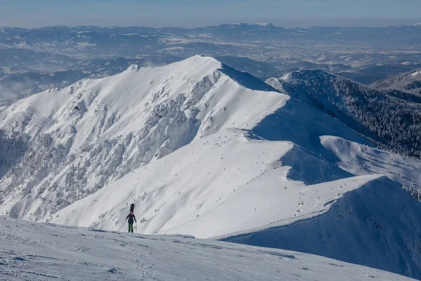 Una Freerider Attiva Con Uno Snowboard Che Cima Monte Terreno — Foto Stock